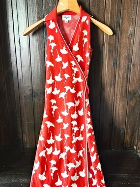 Diane von Furstenberg Orange & White Printed Wrap Dress XS Sleeveless